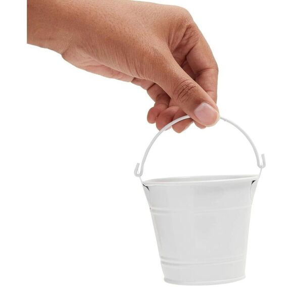 New 6 White Metal Tins Little 2.25”H Buckets w/ Handle Party / Wedding Favor Kit - Picture 5 of 16
